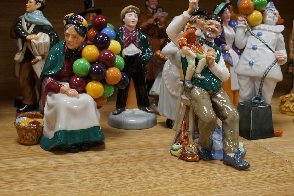 A collection of Royal Doulton figures to include The Old Balloon Seller, Doctor, Votes for Women and The Detective